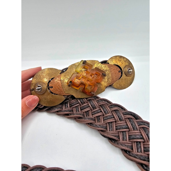 Vintage Marjorie Baer Mid Century Womens Braided Leather Belt w/ Amber Buckle main image 5